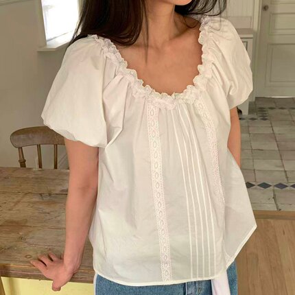 韩国东大门欧尼同款甜美可爱蕾丝木耳花边泡泡短袖衬衫上衣夏季新