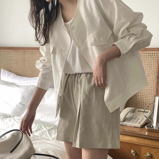 韩国chic秋新款简约圆领单排扣多口袋通勤夹克短外套2026春季新品