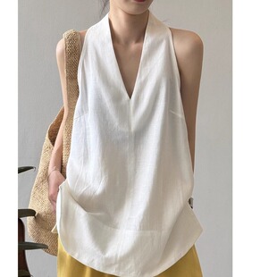 韩风麻v领无袖衬衫女夏季薄款2026新款大码女装宽松挂脖背心上衣
