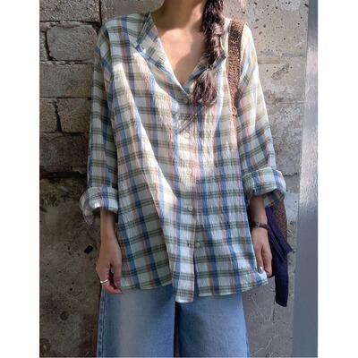 韩国chic2026春季慵懒风蓝色格子条纹衬衫圆领宽松大码长袖衬衣