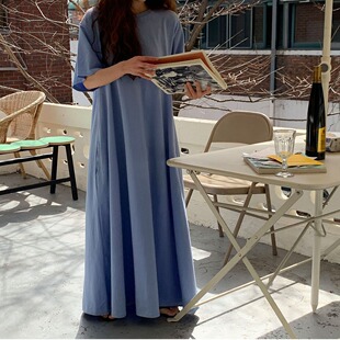 韩国chic26夏基础百搭夏日清凉感大码净色宽松拖地T恤连衣裙长裙