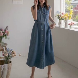 韩国新款女装翻领时尚系带大码牛仔连衣裙2026夏季新品中长款裙子