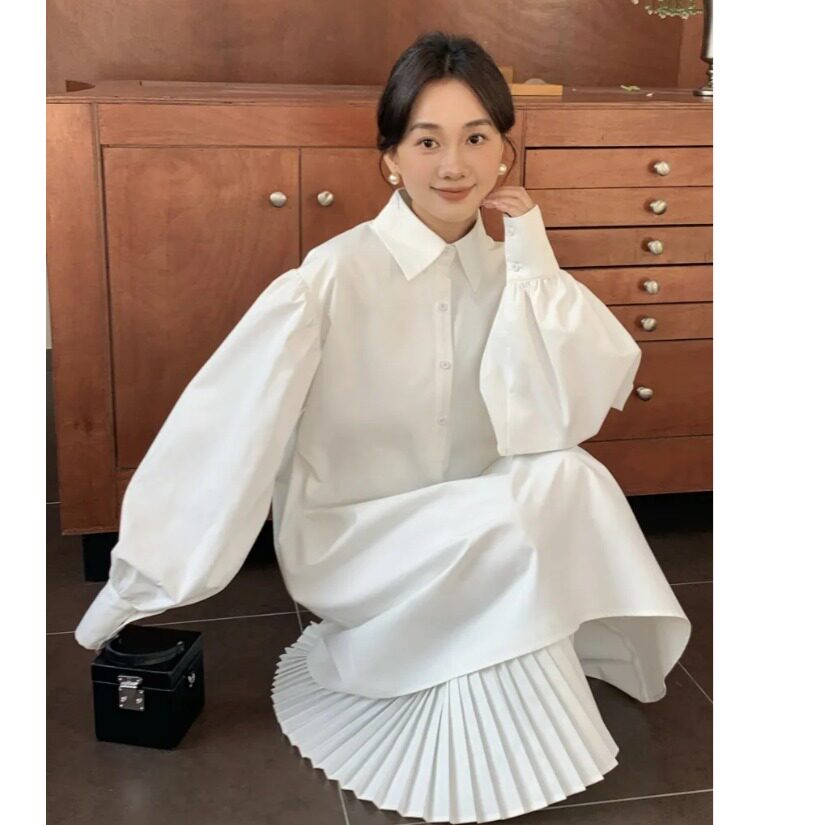 韩国东大门小众设计感拼接百褶衬衫大码气质连衣裙女2026春季新品