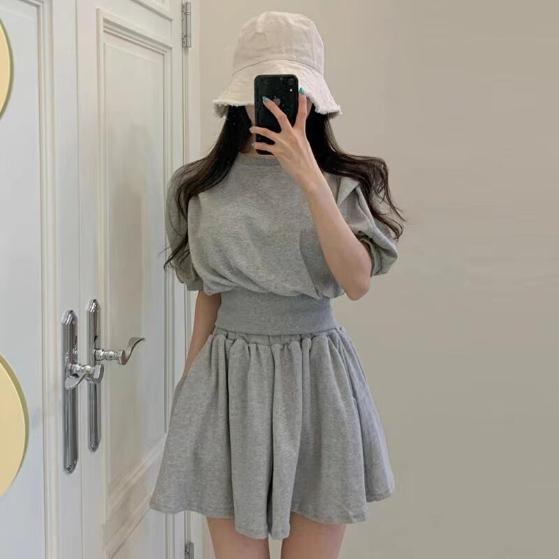 韩国chic短袖卫衣上衣+高腰阔腿短裤裙裤两件套装女2026夏季新品
