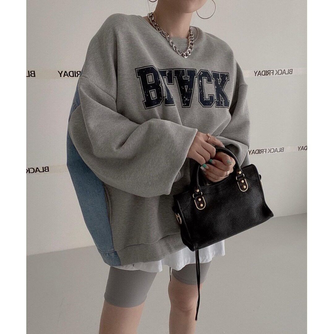 韩国chic2025秋季新品宽松显瘦三色拼接牛仔印花休闲百搭卫衣上衣