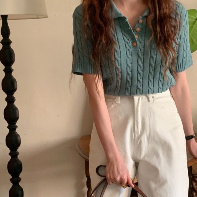 韩国chic韩版新款polo领麻花气质显瘦百搭针织衫2026春季新品上衣