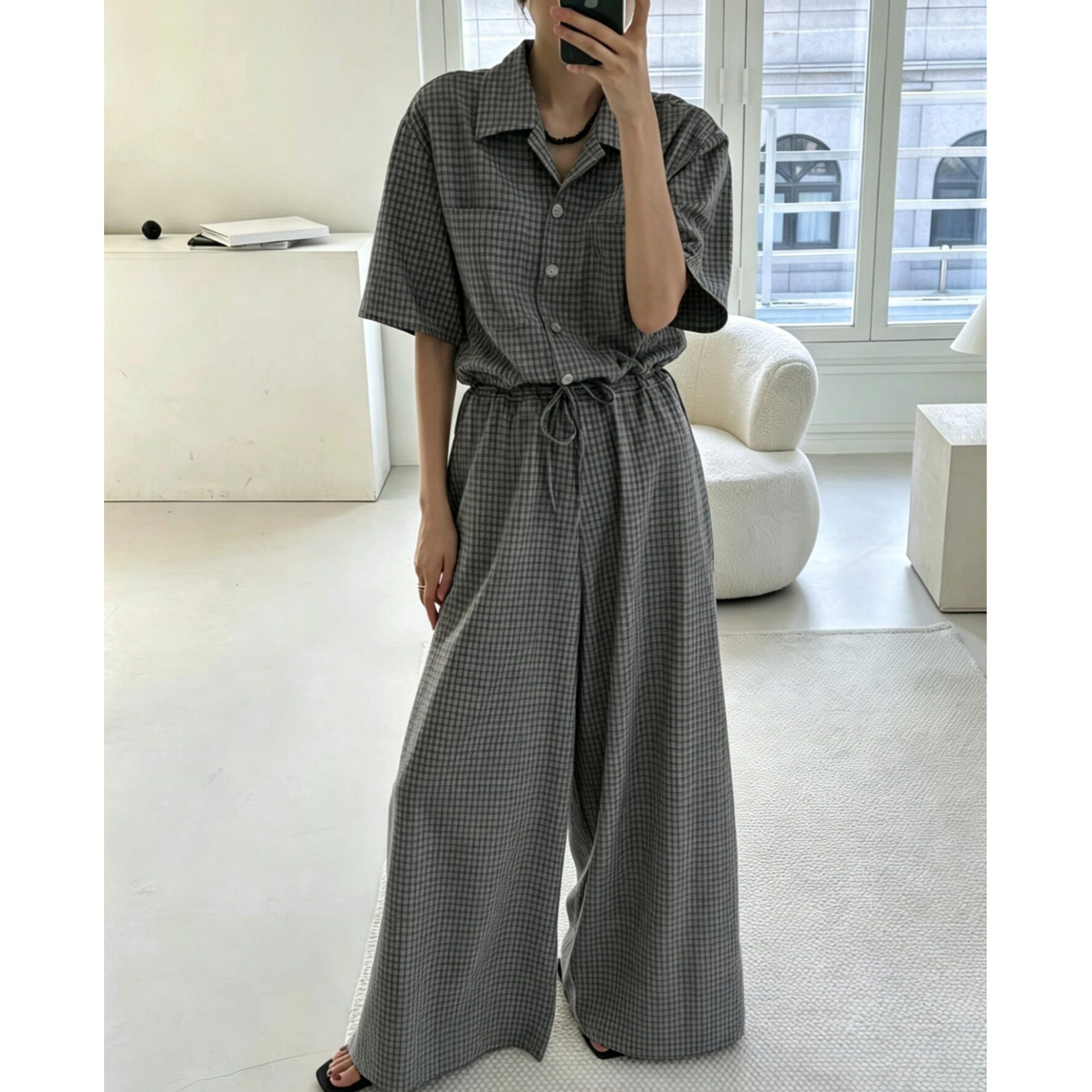 韩风chic2026夏季新品复古宽松短袖单排扣休闲百搭格纹连体裤子女
