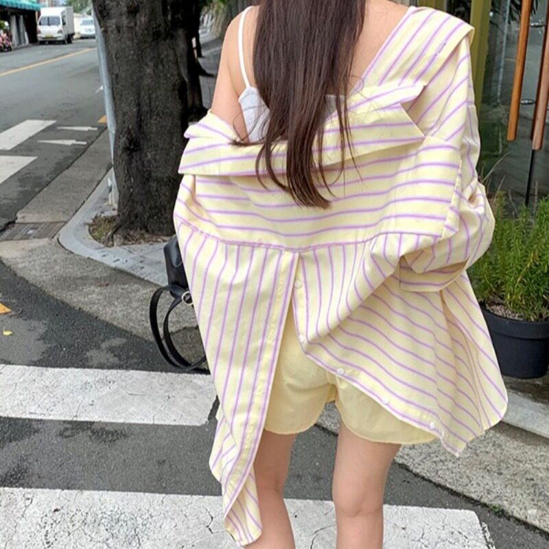 韩国chic2026夏季新品开叉两用宽松显瘦休闲百搭慵懒衬衫上衣外套