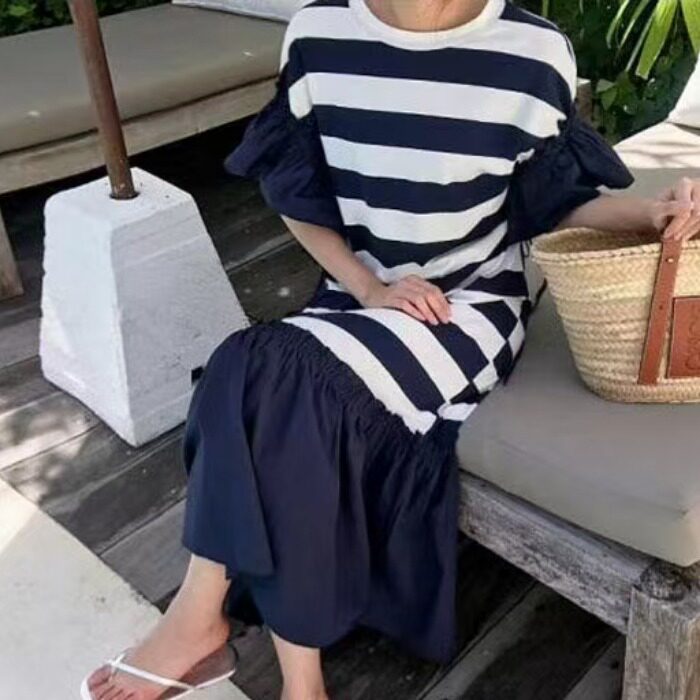 韩国chic夏季大码条纹拼接连衣裙女中长款飞飞袖荷叶边显瘦百搭