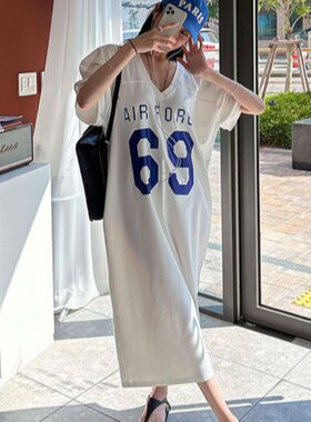 韩国东大门2026夏季中长款V领宽松数字印花T恤连衣裙休闲大码长裙