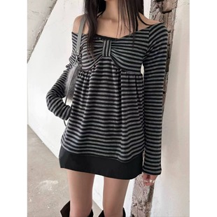 韩风chic2026蝴蝶结经典条纹设计日系轻亚感一字露肩打底长袖上衣