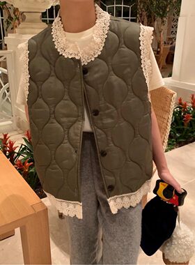 韩国东大门设计感拼接蕾丝棉衣大码胖MM小众马甲外套女2026春季