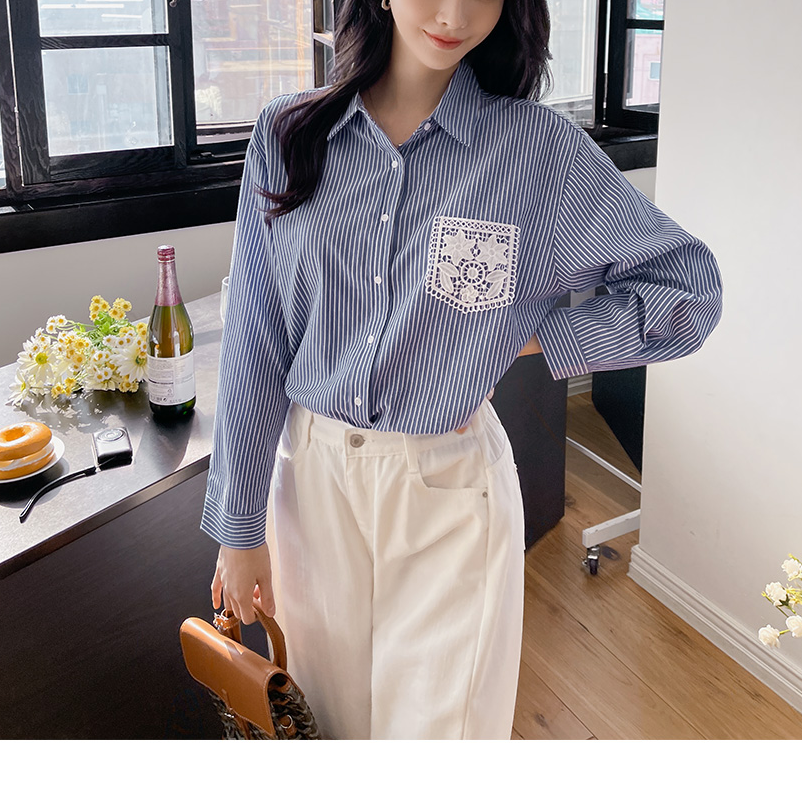 韩风chic2026春季大码女装胖MM条纹长袖衬衣勾花镂空蕾丝衬衫