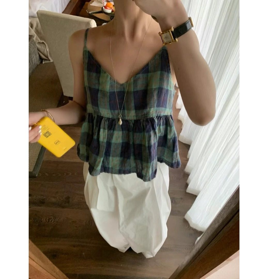 韩系简约设计感亚麻格子小吊带2025夏季新款度假风叠穿背心