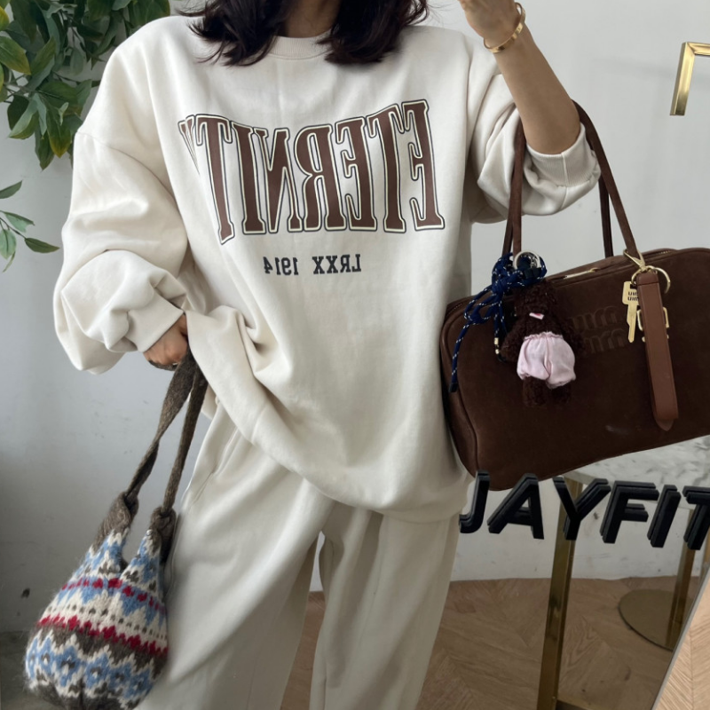 韩系chic字母印花加绒卫衣宽松保暖百搭束脚休闲裤套装2025秋冬新
