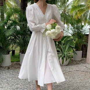 韩国chic2026春季新品法式中古气质温柔蕾丝拼接收腰显瘦连衣裙