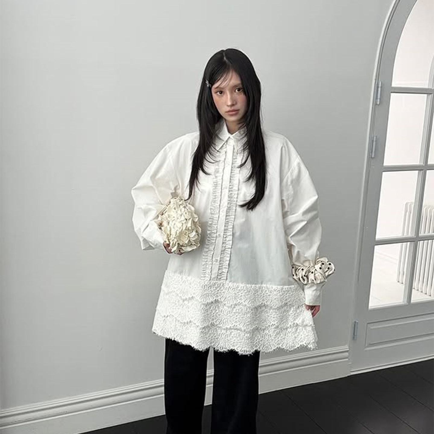 韩国chic2026春季大码温柔休闲设计感拼接白色蕾丝花边长袖衬衫