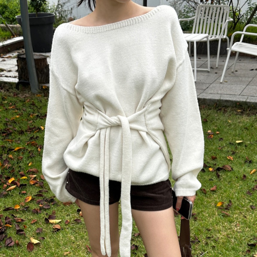 韩国chic秋冬韩系设计感系带收腰显瘦针织毛衣衫2025秋冬新品上衣