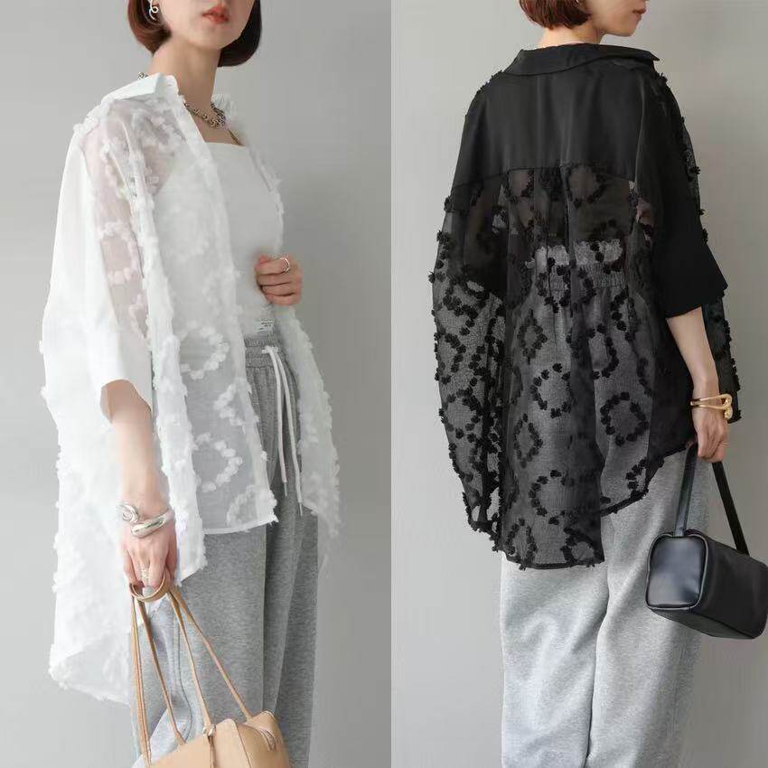 日韩chic2026春夏重工刺绣宽松防晒蕾丝上衣大码休闲空调衫罩衫
