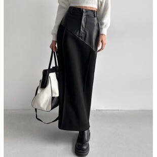 韩国ins高级感pu皮拼半身裙秋冬款高腰显瘦中长款直筒包臀裙26春
