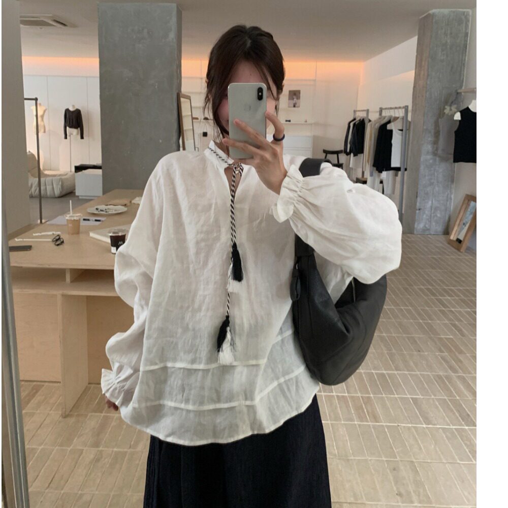 韩国chic2026春季大码法式流苏慵懒白色宽松长袖衬衫V领衬衫上衣