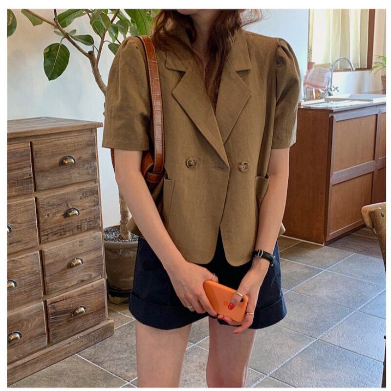 韩风chic大码气质西装外套翻领宽松泡泡袖短款西服上衣26夏季新品