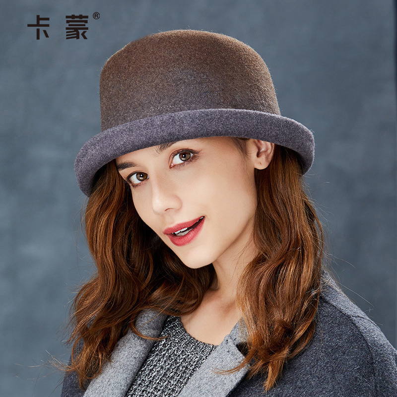 卡蒙全羊毛毡帽卷边帽子女秋冬季英伦毛呢帽青年平顶小礼帽渐变色