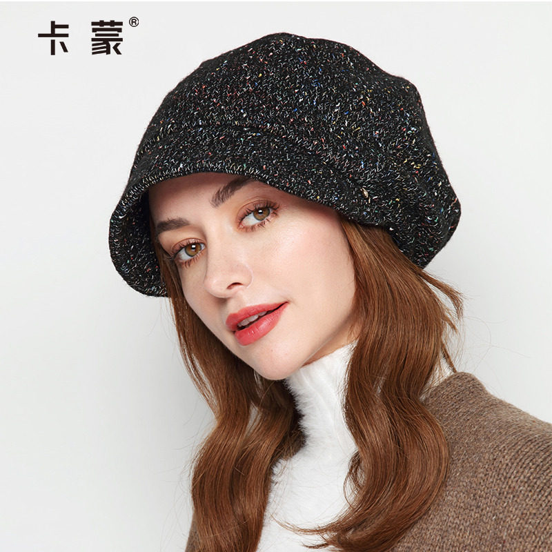卡蒙加厚保暖堆堆帽子女冬鸭舌帽秋冬帽檐款冷帽大头围针织贝雷帽