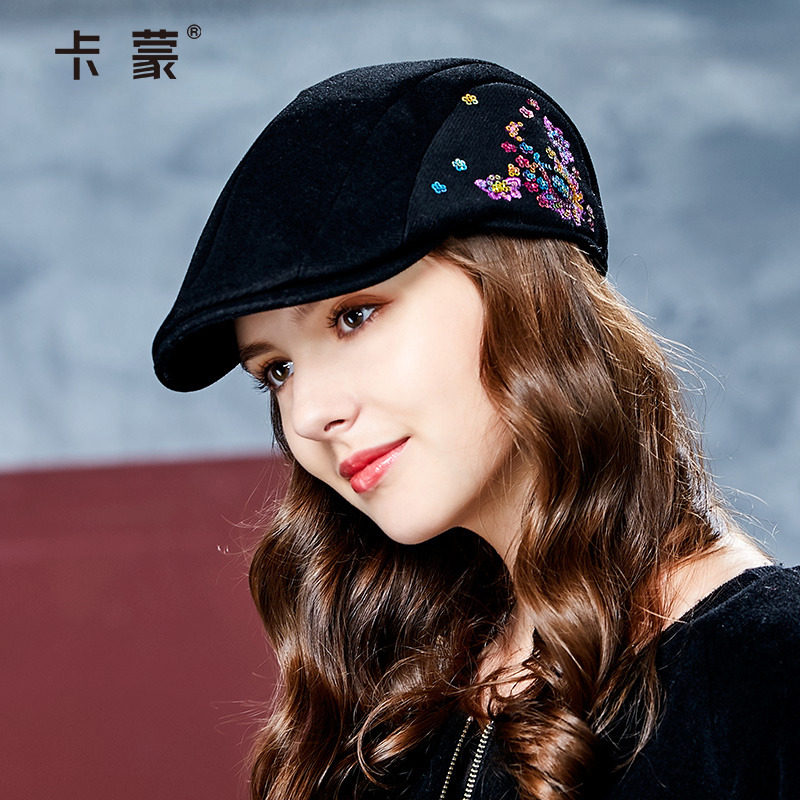 卡蒙全羊毛秋季复古毛呢贝雷帽女英伦立体黑帽子刺绣亮片鸭舌帽冬
