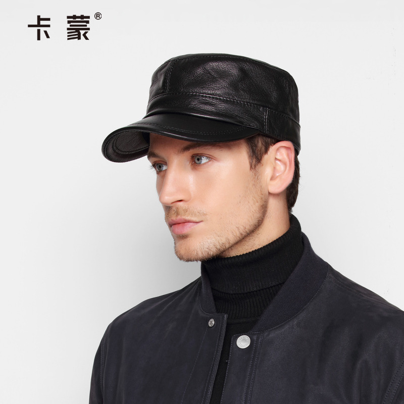 卡蒙山羊皮平顶帽子真皮鸭舌帽男秋冬大头围棒球帽户外保暖皮帽子