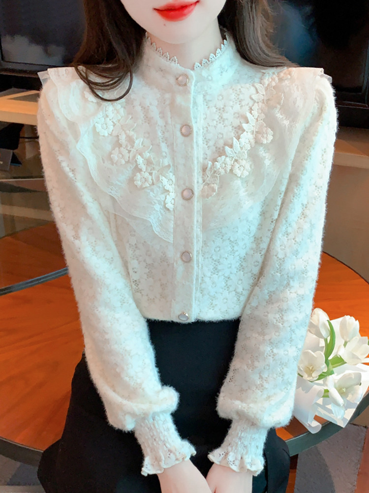 半高领加绒蕾丝打底衫女秋冬洋气内搭2025年新款高级感可外穿上衣