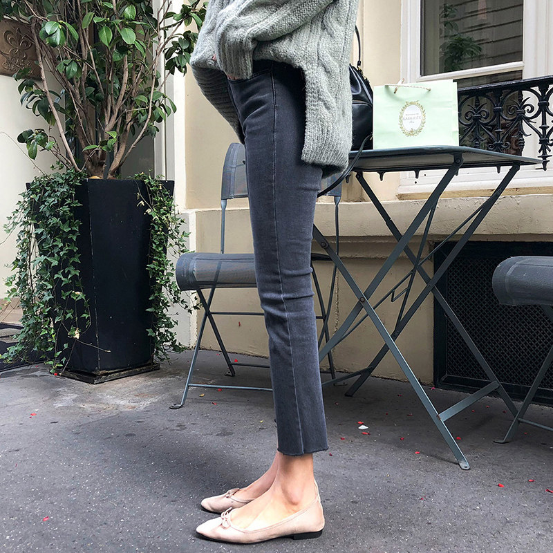 烟灰色加绒牛仔裤女秋冬小个子2021洋气高腰毛边直筒八分烟管裤子