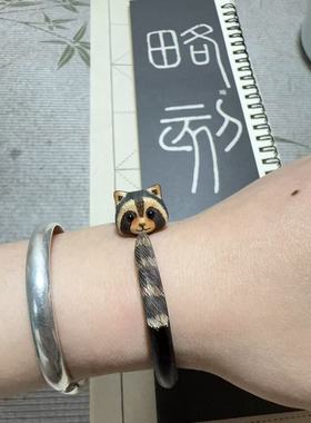 未芽定制小浣熊木雕鸡血藤手镯原创设计男女情侣生日礼物镯子手环