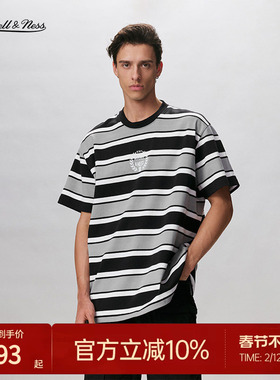 Mitchell&Ness短袖T恤复古潮流百搭黑白条纹休闲运动圆领上衣男MN