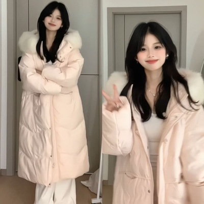 大毛领羽绒服中长款棉服女2025新款冬季宽松过膝棉衣加厚棉袄外套