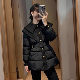 小香风翻领黑色羽绒棉服女款2025新款冬季收腰束带棉衣棉袄厚外套