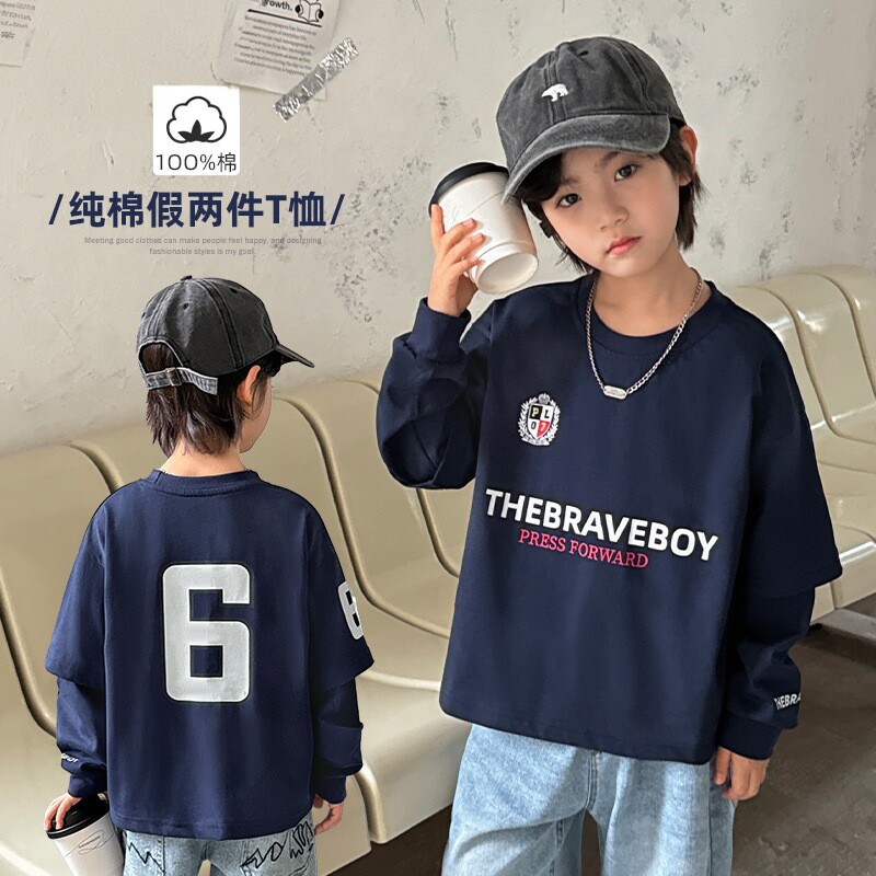中大童装春秋新款男童纯棉假两件长袖T恤春装衣服美式运动童装