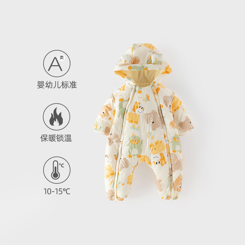 宝宝棉服冬装新款婴儿连体衣加厚男女宝连帽长袖哈衣宝宝保暖爬服