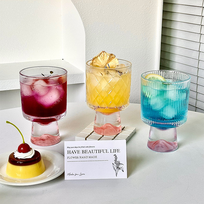 高颜值宝石纹观山玻璃高级感轻奢高脚啤酒杯创意饮品咖啡杯果汁杯