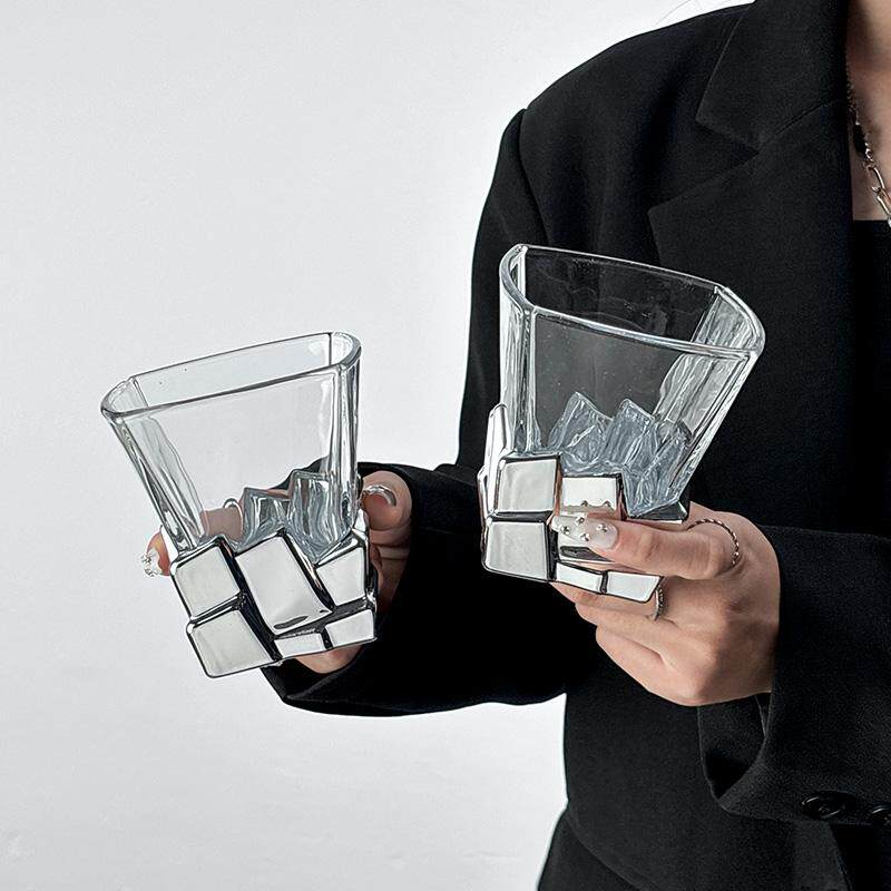 太空银冰块杯艺术感限定酒杯创意轻奢玻璃杯高级感水杯子威士忌杯
