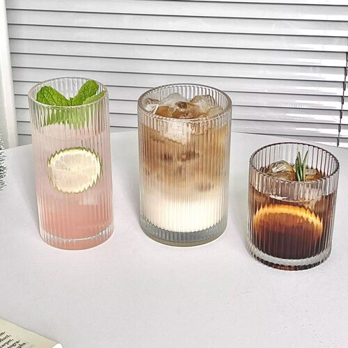 ins简约条纹玻璃杯冰美式拿铁咖啡杯果汁杯冷饮杯家用牛奶杯