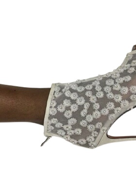 2021夏季新蕾丝羊绒超高跟鱼嘴凉靴透气婚鞋珍珠绣花多欧美白色