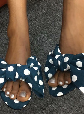 2023夏季新款低跟圆点皮超大蝴蝶4厘米跟凉鞋优雅拼色舒适女拖鞋