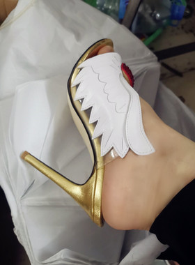 2023新款夏季拼色拖鞋翅膀红心白色水晶小众女鞋真皮超高跟可定制