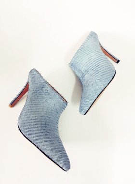 2019尖头刀割皮牛皮浅蓝色超高跟10厘米舒适百搭款女鞋可定其它色