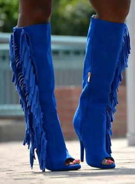 2023新款靴流苏蓝色春秋超高跟真皮走秀夜店时尚小众款女鞋可定制