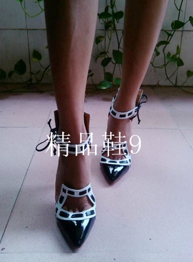 2020女凉鞋尖头超高跟拼色鞋黑色/白色小众款10厘米走秀鞋