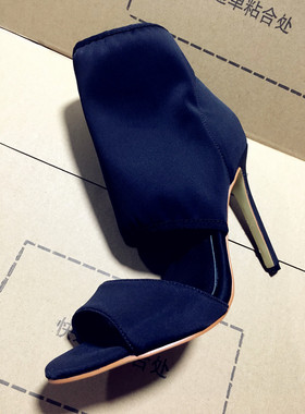 2020新款弹力女鞋凉靴鱼嘴10厘米跟黑色43大码鞋宝蓝玫红色超高跟