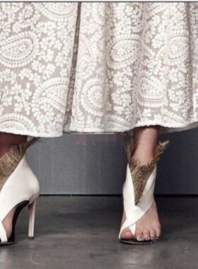 2020女凉鞋拼色超高跟流苏走秀舞台鞋白色11厘米跟牛皮拼色夹趾