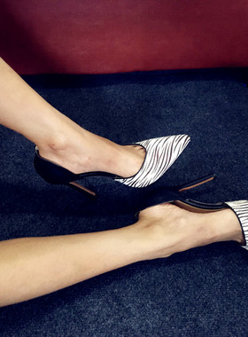 2018 silla rulers 女鞋斑马纹/黑色牛皮 尖头10厘米超高跟 中空